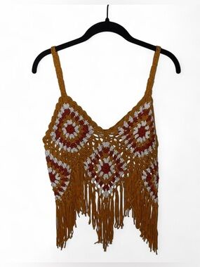 Mustard yellow/orange boho indie crochet knit top with fringe in size small NWT